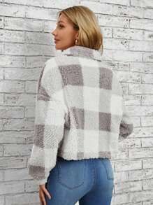 SHEIN LUNE Buffalo Plaid Print Drop Shoulder Teddy Jacket In Fall/Winter - Mauve Purple - View 2