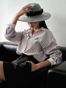 DAZY Áo sơ mi sọc in vai thả, áo dài tay - Màu Khaki - Xem 5