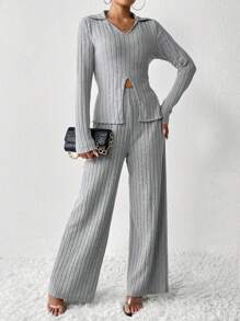 SHEIN Essnce Viền chia cắt Áo thun & Quần ống rộng - Xám - Xem 3