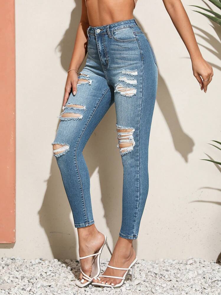 SHEIN Essnce גזרה גבוהה ג'ינס סקיני קרעים - שטיפה קלה - ראה 4