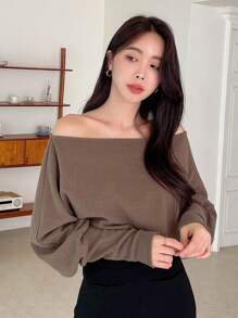 DAZY Off Shoulder Batwing Sleeve Sweatshirt - Coffee Brown - View 3