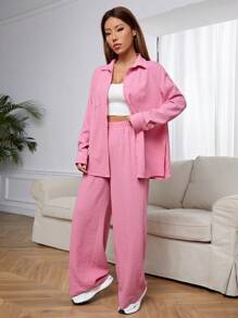 SHEIN EZwear Textured Shirt & Wide Leg Pants - Pink - View 2