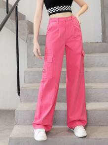 SHEIN 青少年女孩側翻蓋口袋工裝牛仔褲 - 玫紅色 - 查看 1