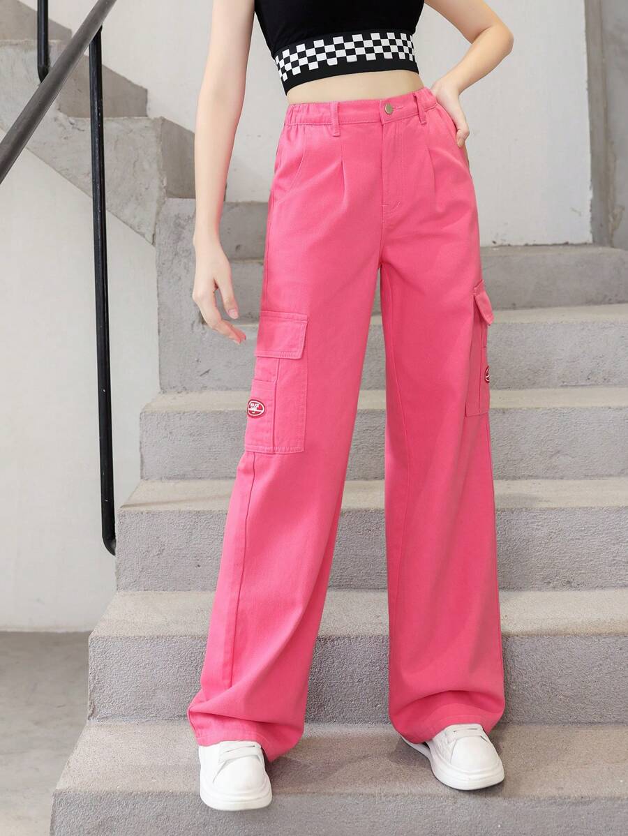 SHEIN 青少年女孩側翻蓋口袋工裝牛仔褲 - 玫紅色 - 查看 1