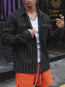 Manfinity Homme Men Striped Print Flap Pocket Overcoat - Black - View 3