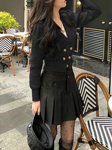 Solid Double Breasted Crop Cardigan - Black - View 4