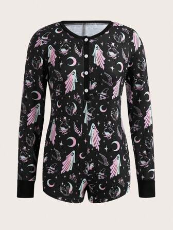 Goth Moon & Star Print Half Button Romper