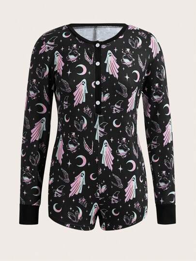 Goth Moon & Star Print Half Button Romper