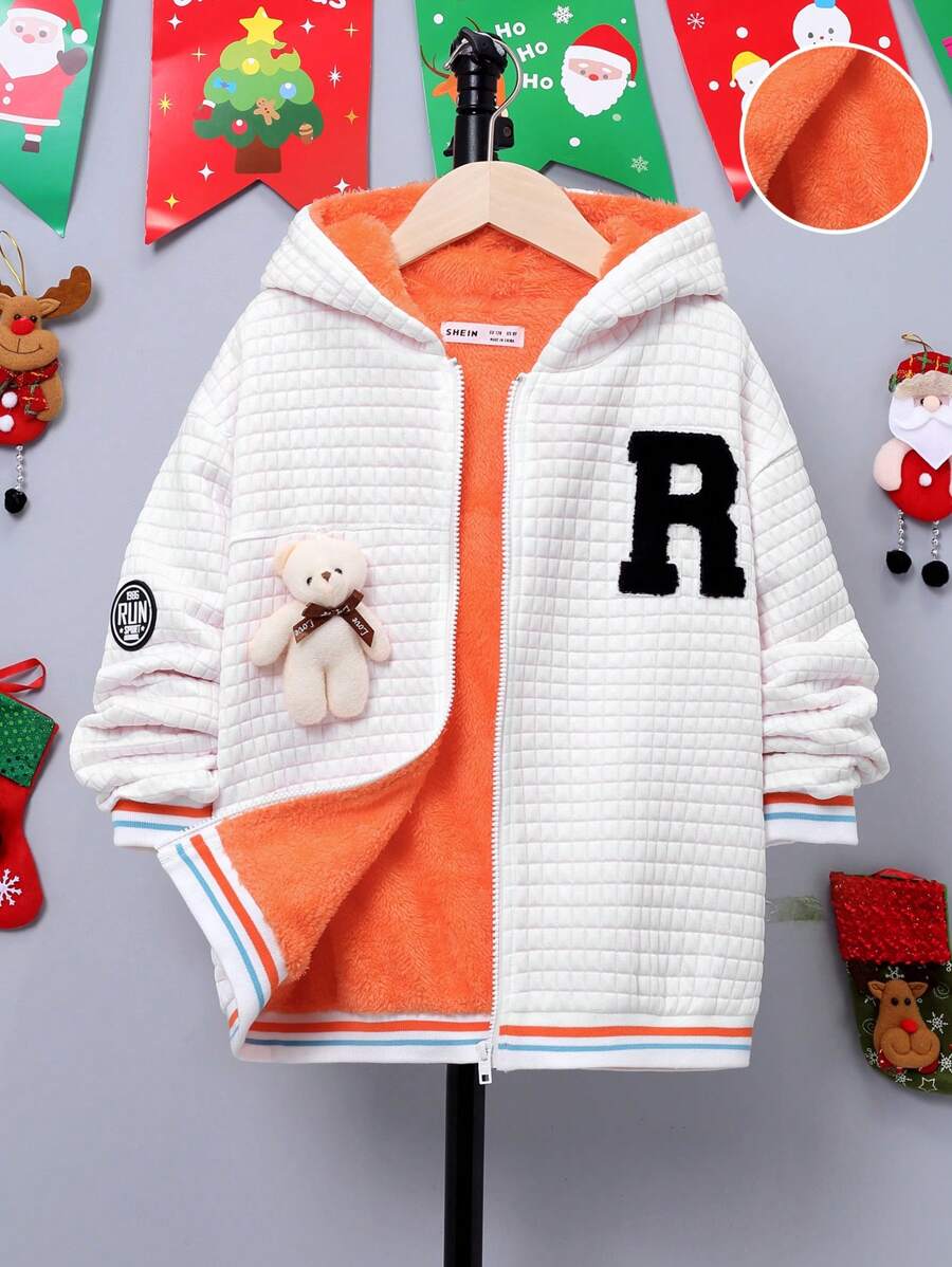 SHEIN 男大童字母貼布熊玩偶裝飾條紋飾邊連帽加絨內裏夾克 - 白色 - 查看 1