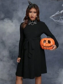 SHEIN Maternity Halloween Lettuce Trim Belted Dress - Black - View 1