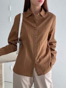 DAZY Women's Business Casual Solid Color Loose Fit Long Sleeve Blouse Fall Tops - Brown - View 5