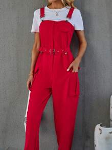 SHEIN LUNE Solid Flap Pocket Belted Overall Jumpsuit Without Tee - Red - View 5