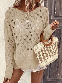 SHEIN VCAY Chất rắn Dệt kim chấm bi Thả vai Áo len - Màu be - Xem 5