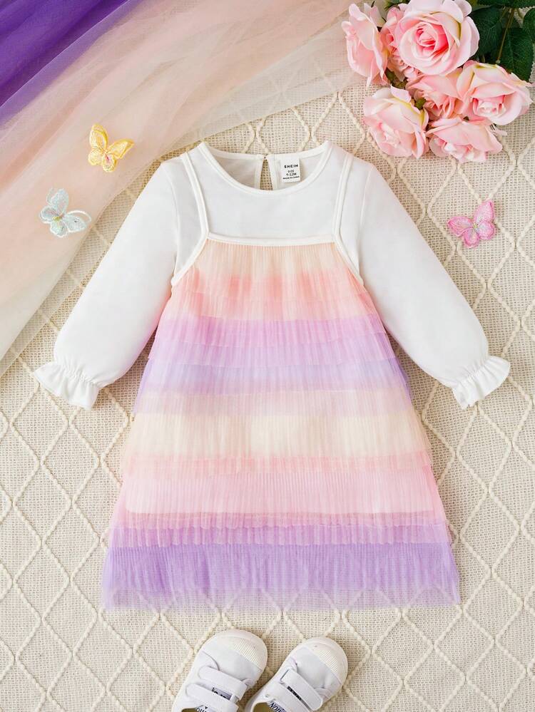 Baby Girl Ombre Flare Sleeve Mesh Overlay Dress