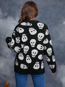 SHEIN Maternity Halloween Allover Skull Pattern Drop Shoulder Sweater, For Winter - Black and White - View 2