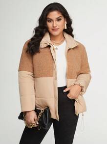 SHEIN Essnce Plus Two Tone Drawstring Hem Padded Coat - Khaki - View 3