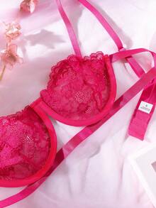 Set de lencería con encaje floral con aro - Rosa Fucsia - Ver 5