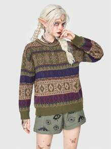 ROMWE Fairycore Geo Pattern Drop Shoulder Sweater - Multicolor - View 3