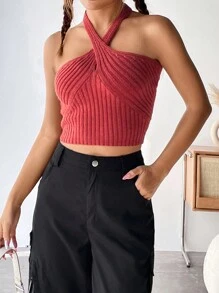 SHEIN Unity 十字交叉吊脖露背針織上衣 - 紅木色 - 查看 5