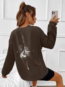 SHEIN EZwear 山和月亮印花落肩T恤 - 巧克力棕 - 查看 3