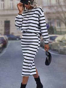 SHEIN LUNE In sọc Áo thun Thả vai & Váy - Đen và trắng - Xem 6