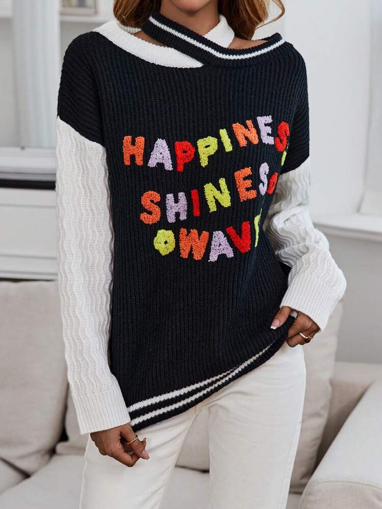 Slogan Pattern Colorblock Drop Shoulder Knit Pullover Fall Winter Sweater