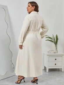 SHEIN Privé Plus Fold Pleated Detail Shirt Dress - White - View 2