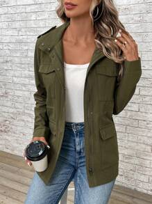 EMERY ROSE 翻蓋口袋拉鏈開襟連帽外套 - 軍綠色 - 查看 3