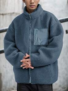 Manfinity Homme Áo khoác Teddy nam có dây kéo thả vai - Màu xanh lam - Xem 3