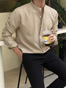 DAZY Men Solid Button Up Shirt, Fall Long Sleeve Men Shirt Business Attire - Khaki - View 6