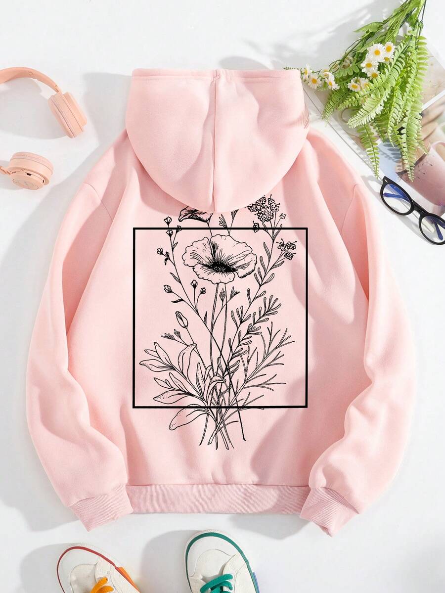 SHEIN EZwear 加大码印花抽绳保暖内衬卫衣 - 粉色 - 查看 1