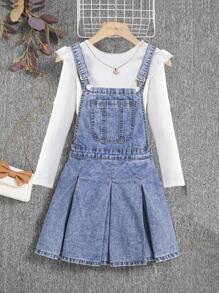 Teen Girl Patched Pocket Pleated Hem Denim Overall Dress Without Tee - Medium Wash - View 1