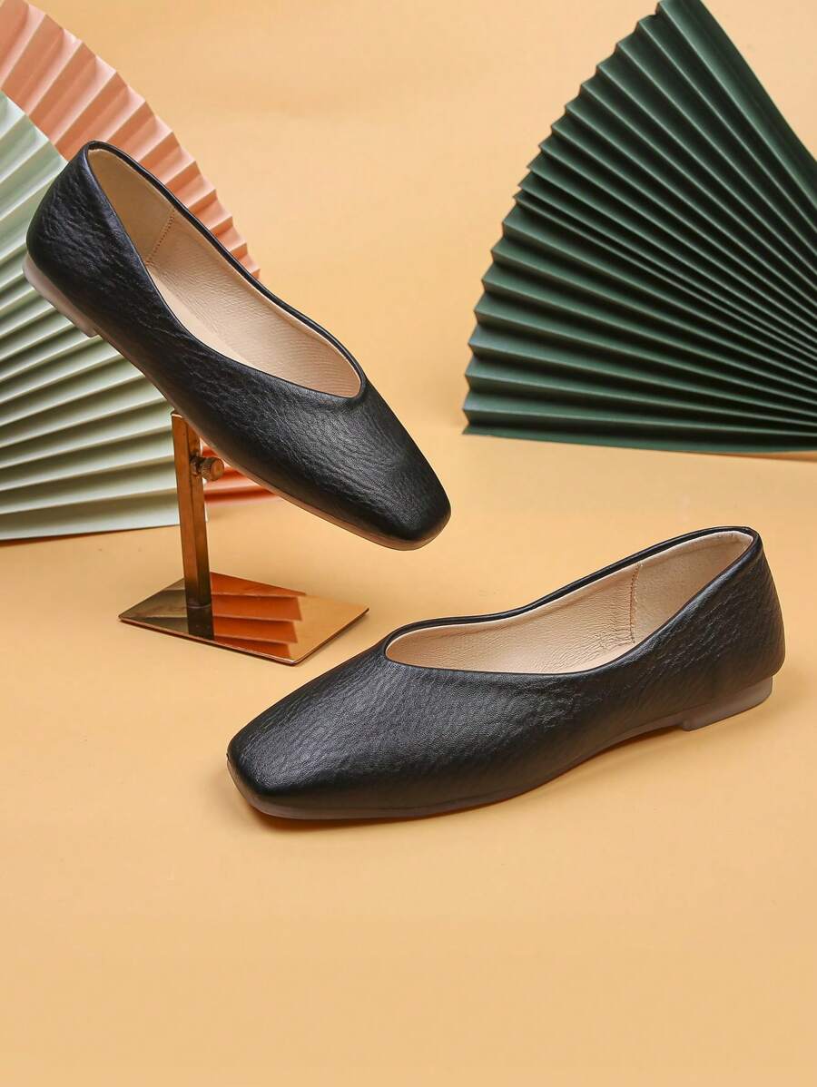 極簡主義方頭芭蕾平底鞋 女士平底鞋 方頭輕便駕車麵包鞋 上班通勤 - 黑色 - 查看 1