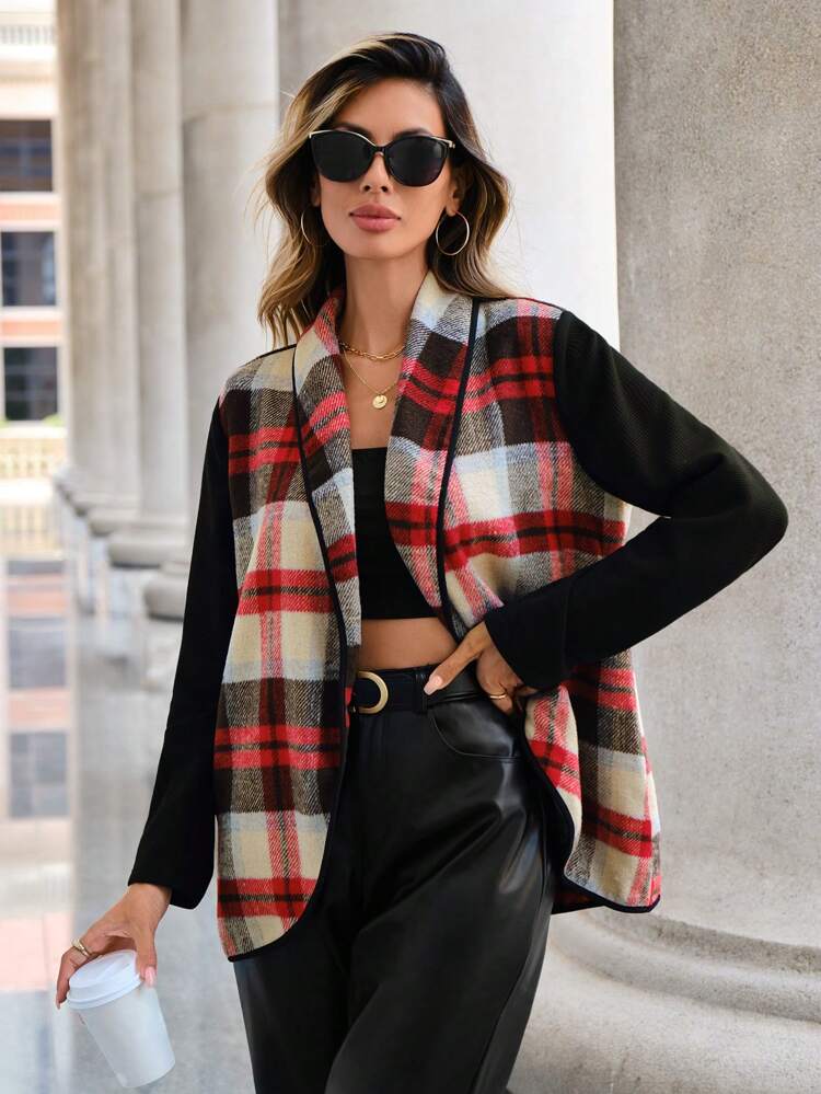 Plaid Print Open Front Coat Fall Cloth For Women