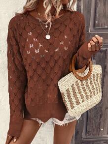 SHEIN VCAY Jersey unicolor de hombros caídos de punto de malla - Marrón - Ver 3