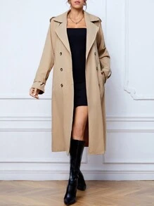SHEIN Tall 雙排扣束帶風衣 - 卡其色 - 查看 4