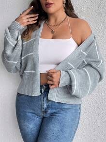 SHEIN LUNE Hơn Mẫu sọc Thả vai Áo len Duster - Xám - Xem 3