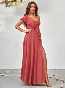 SHEIN Belle Asymmetrical Neck Ruffle Trim Split Thigh Chiffon Bridesmaid Dress - Hot Pink - View 4