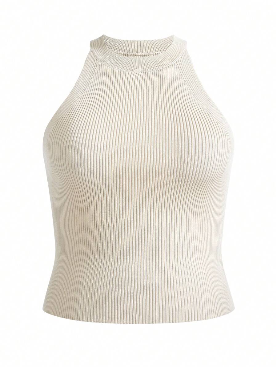 SHEIN BASICS Hơn Chất rắn Dây Knit ngọn - Màu be - Xem 1