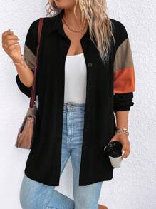 SHEIN LUNE Plus Colorblock Drop Shoulder Coat - Black - View 6