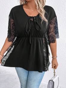 SHEIN Unity Hơn Ren tương phản Cà vạt Xoay eo Áo thun - màu đen - Xem 5