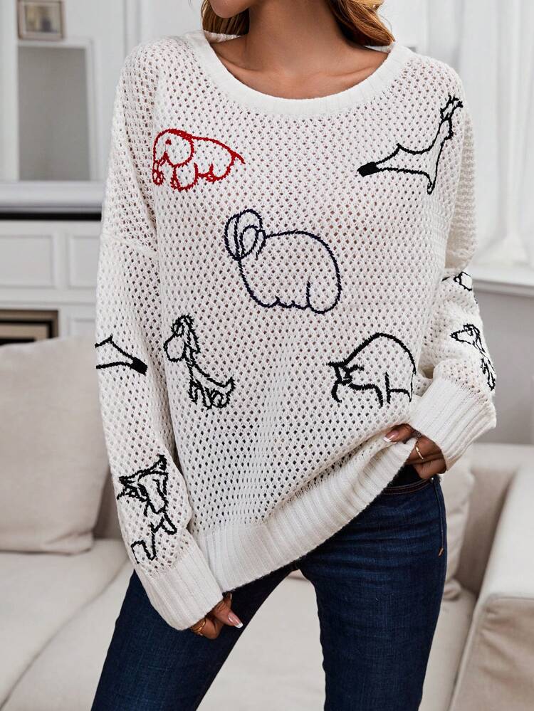 Cartoon Pattern Drop Shoulder Pointelle Knit Pullover Fall Winter Sweater
