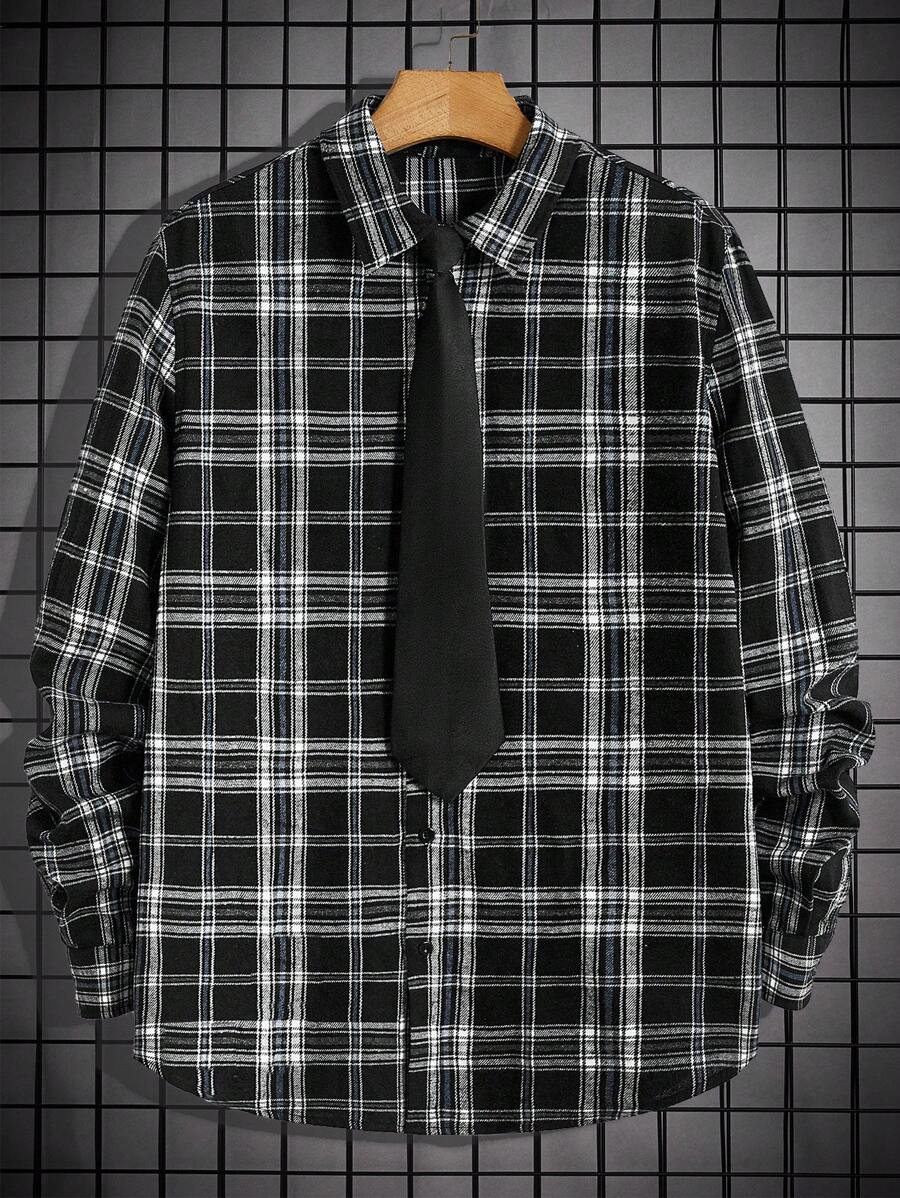 Manfinity RebelGame Men Plaid Print Shirt With Tie - Black and White - View 1