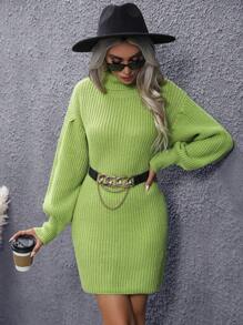 EMERY ROSE Turtleneck Drop Shoulder Sweater Dress Without Belt Fall Winter Cloth For Women - Green - View 7