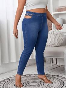 SHEIN SXY Plus Cut Out Buckle Waist Skinny Jeans - Medium Wash - View 5