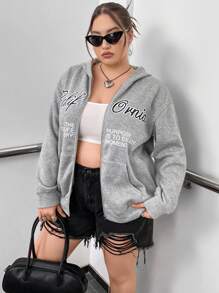 Flirla Plus Size Slogan Graphic Zip Up Drop Shoulder Sweatshirt - Grey - View 3