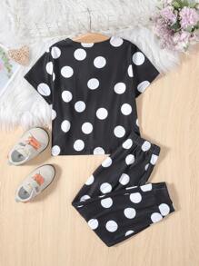 SHEIN 幼兒女童針織彩點及字母印花圓領上衣和寬腳褲家居套裝 - 黑與白 - 查看 2
