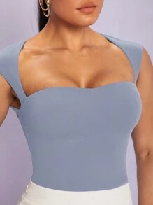 SHEIN BAE Cổ Trái tim Chất rắn Áo ba lỗ - Màu xanh bụi bặm - Xem 5