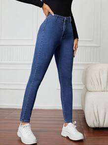 SHEIN EZwear Zipper Fly Skinny Jeans - Dark Wash - View 6