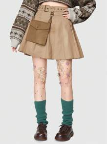 ROMWE Fairycore 有蓋口袋百褶裙 - 卡其色 - 查看 4